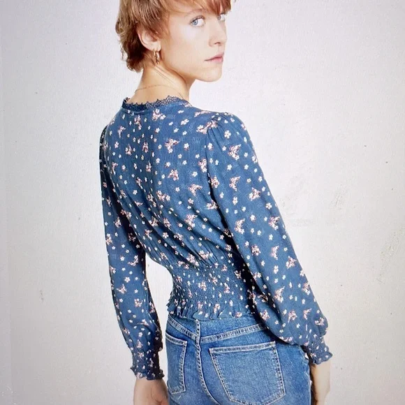 Self Esteem V-Neck Blouse with Crochet Trim and Smocked at hem and Sleeves - Picture 2 of 7